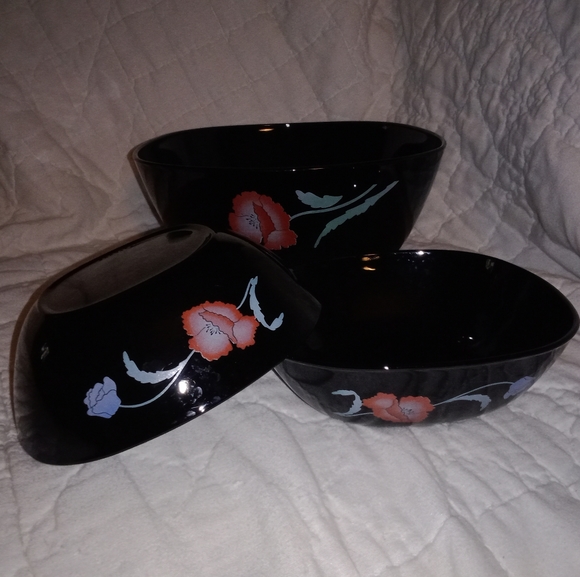 Vintage Black Onyx Glass Floral Kitchen Salad Bowl Set France - Picture 1 of 8